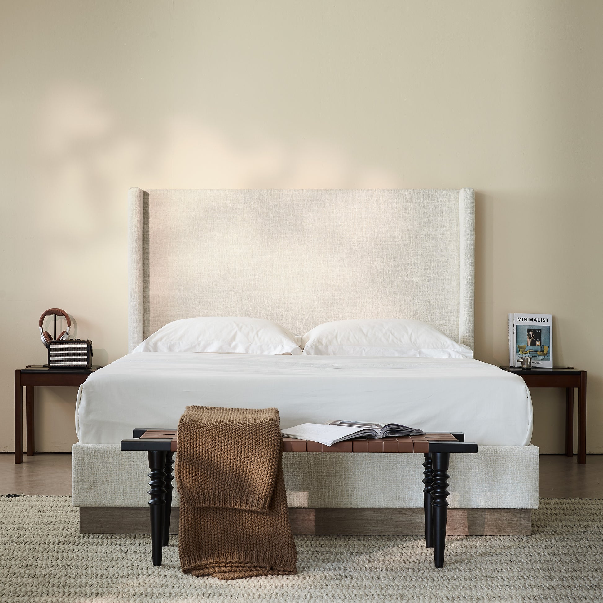 Hosford Upholstered Wingback Bed / Upholstered Wood Base Platform Bed / 52.5" High Headboard / Minimalist / Rusticity / No Box Spring Needed  / King  / Oat Boucle  / No Noise