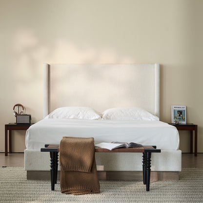 Hosford Upholstered Wingback Bed / Upholstered Wood Base Platform Bed / 52.5" High Headboard / Minimalist / Rusticity / No Box Spring Needed  / King  / Oat Boucle  / No Noise