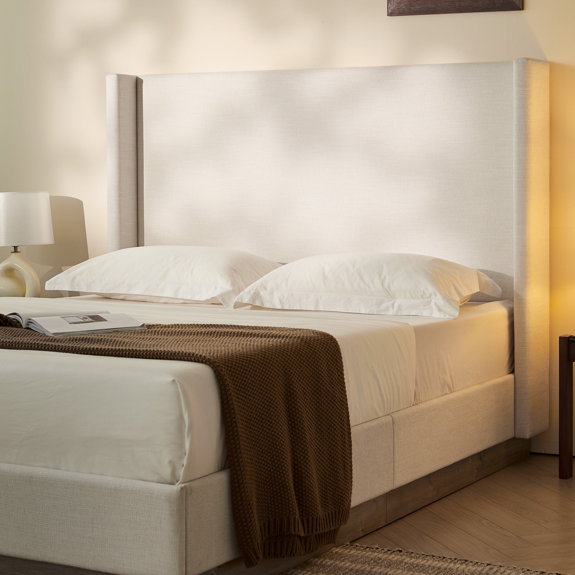 Queen Upholstered Wingback Bed - No Box Spring Needed for Bedroom
