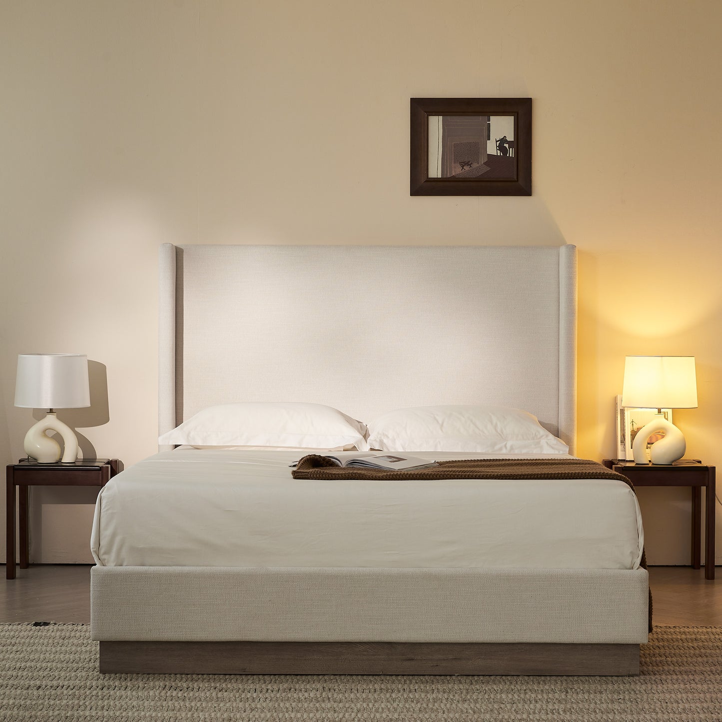 Hosford Upholstered Wingback Bed / Upholstered Wood Base Platform Bed / 52.5" High Headboard / Minimalist / Rusticity / No Box Spring Needed  / California King / Textured Ivory Canvas  / No Noise