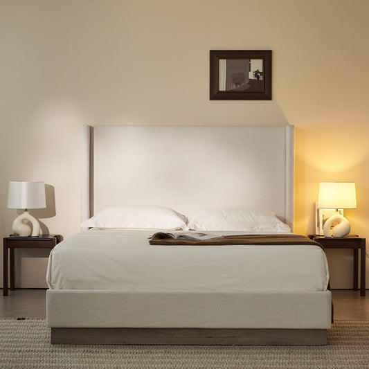 Hosford Upholstered Wingback Bed / Upholstered Wood Base Platform Bed / 52.5" High Headboard / Minimalist / Rusticity / No Box Spring Needed  / California King / Textured Ivory Canvas  / No Noise
