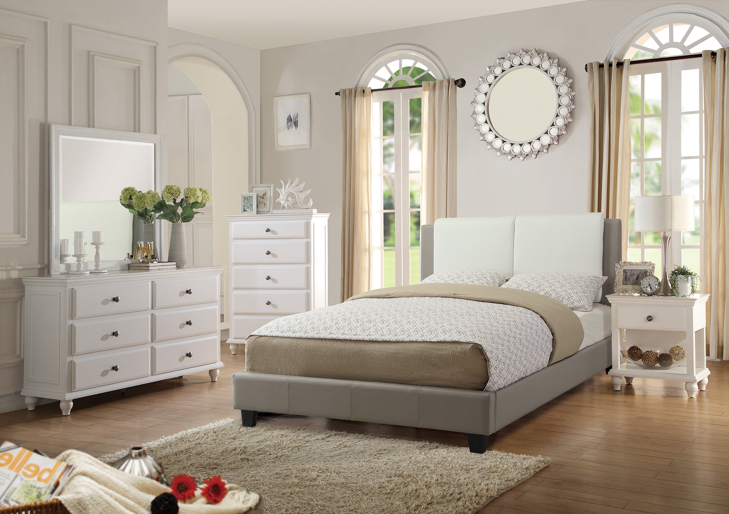 California King Leather Bed - White Gray Frame for Bedroom