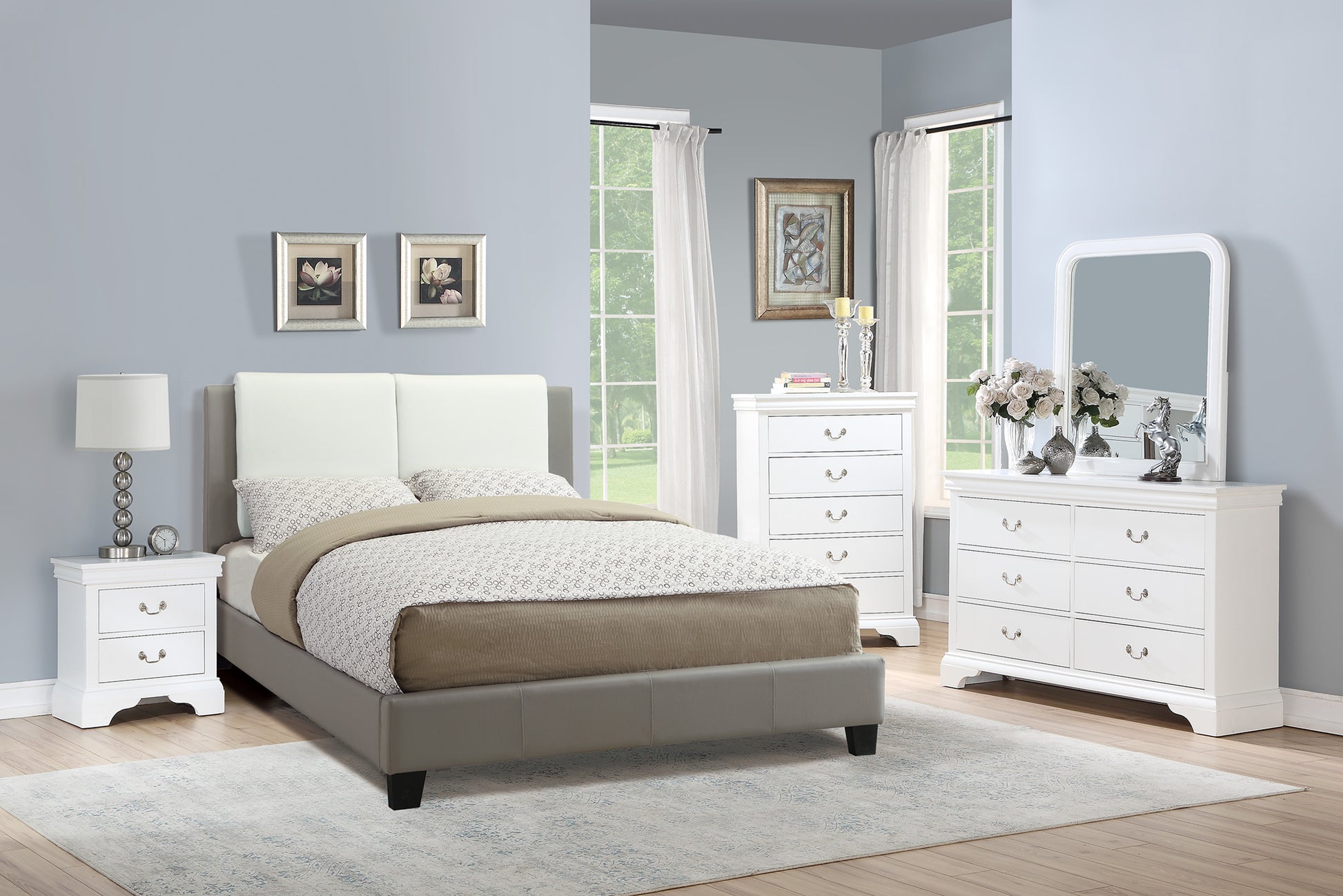 California King Leather Bed - White Gray Frame for Bedroom