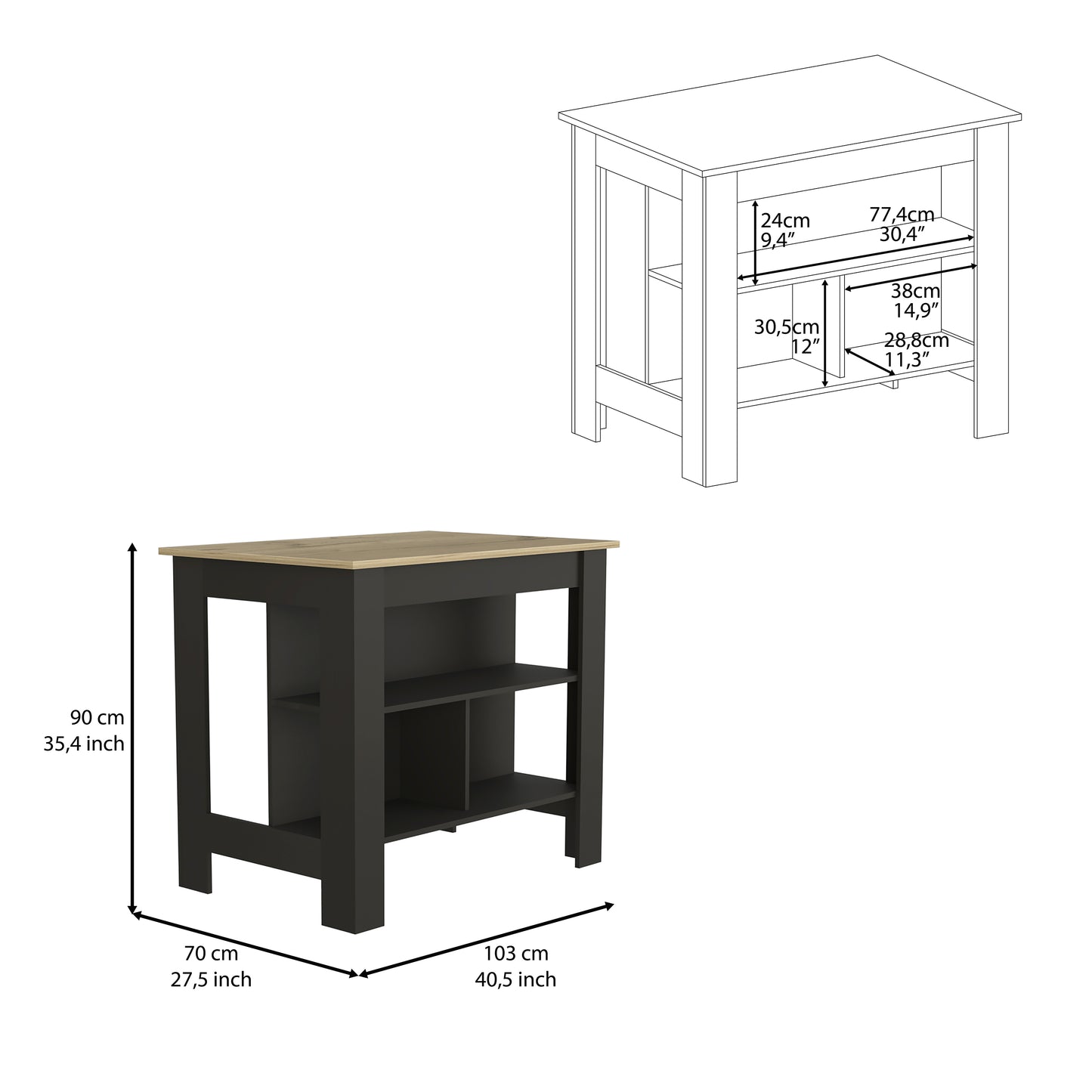Black Kitchen Island with Three Shelves - 40.5" Wide for Dining Room