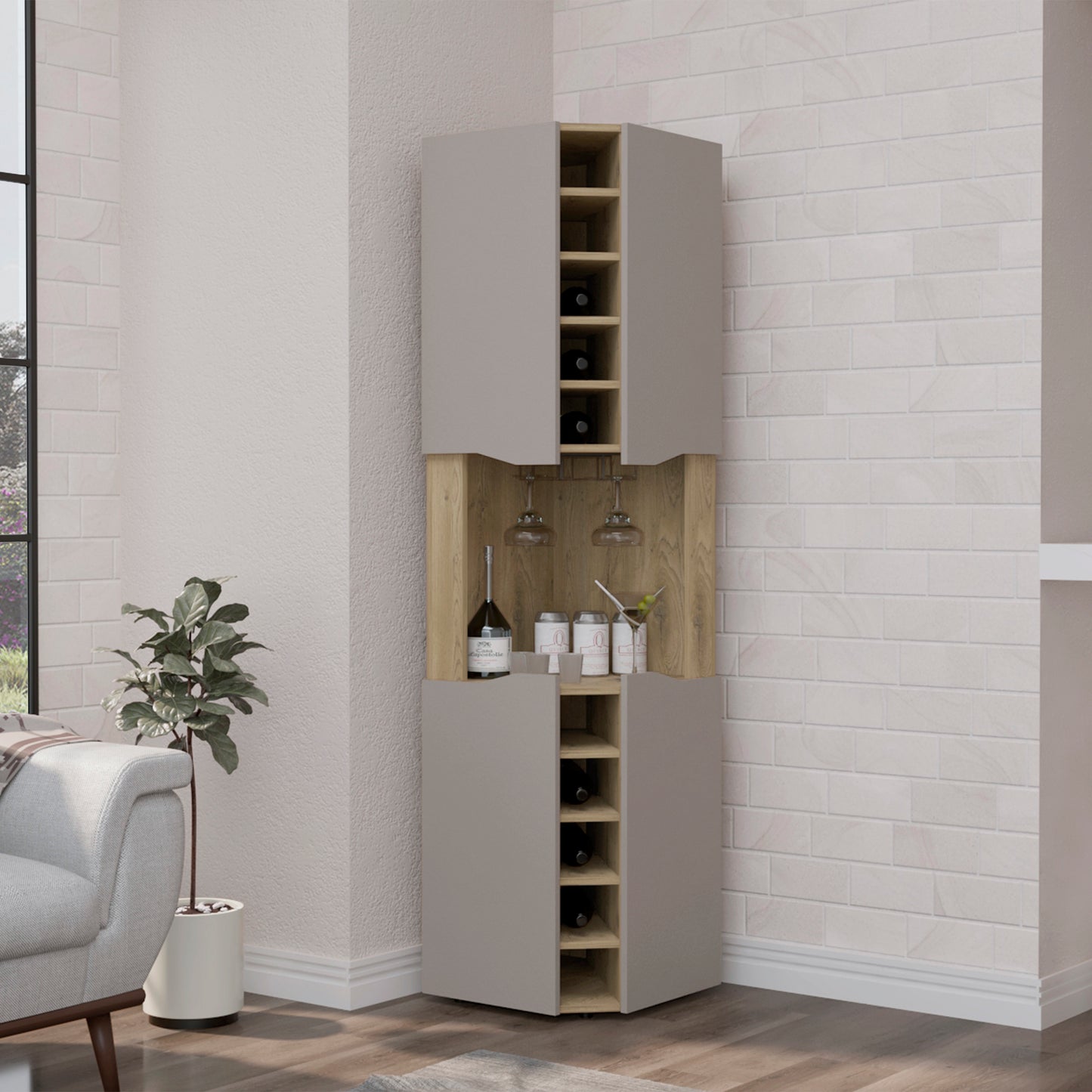 Taupe Particle Board Corner Bar Cabinet - 17.7"W