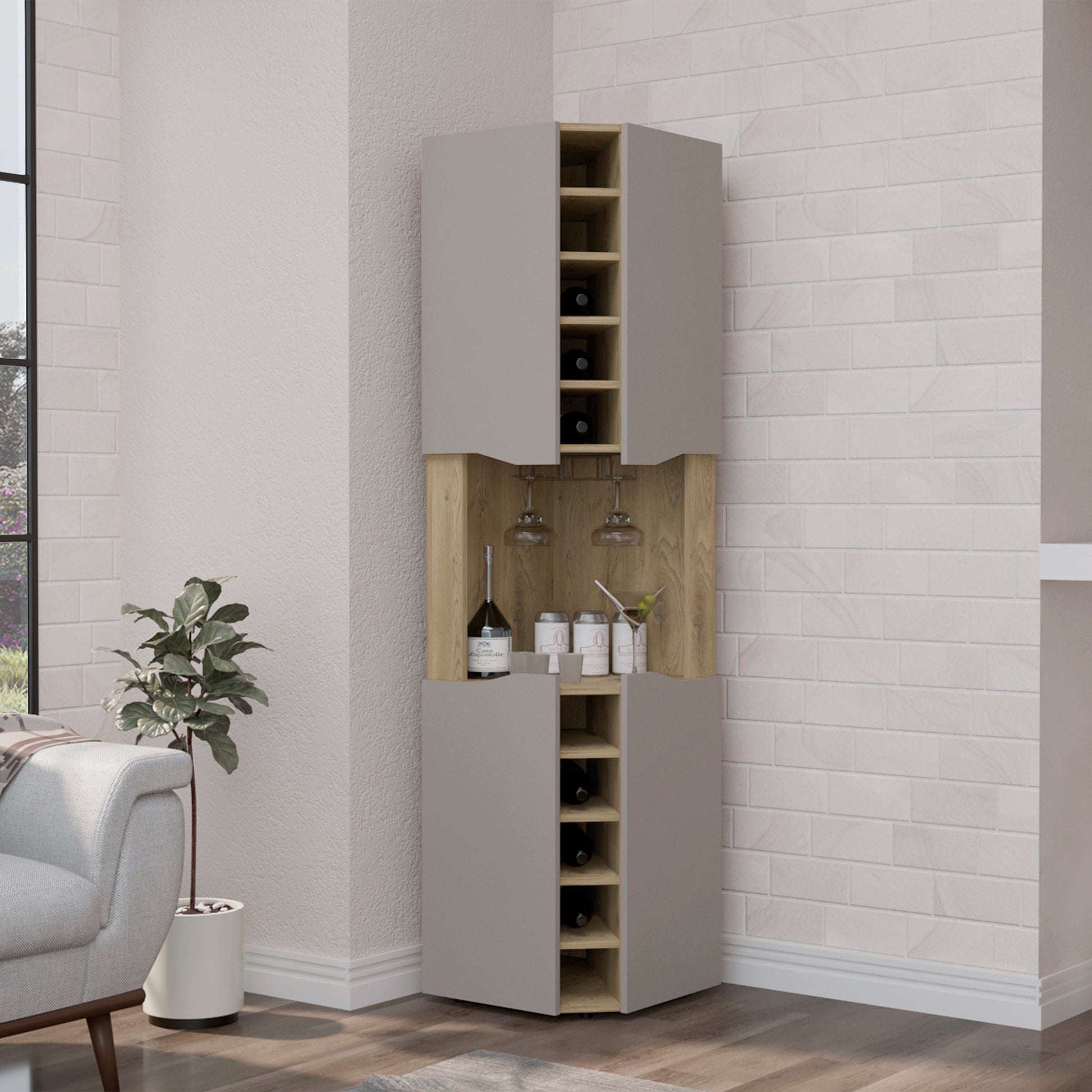 Taupe Particle Board Corner Bar Cabinet - 17.7"W