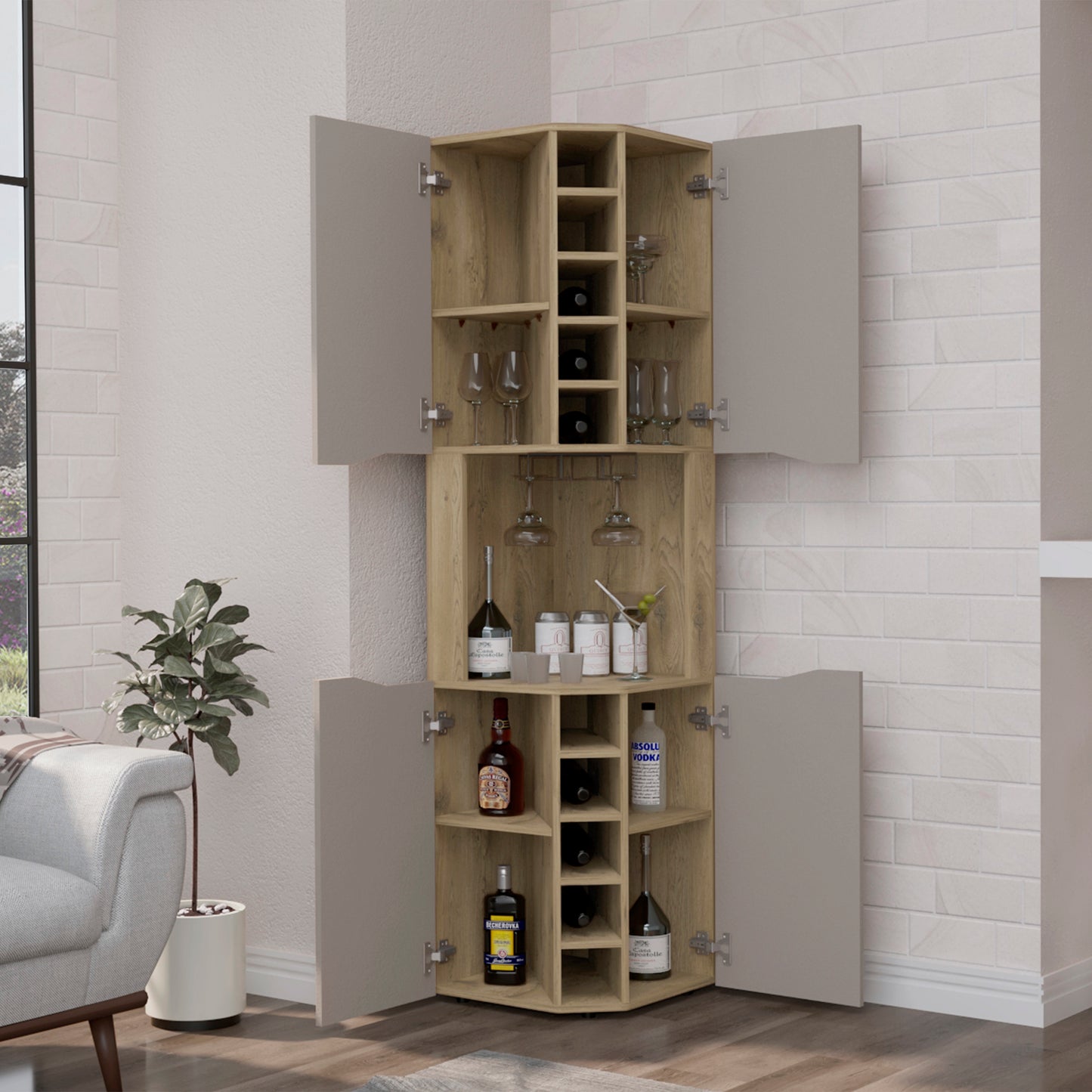 Taupe Particle Board Corner Bar Cabinet - 17.7"W