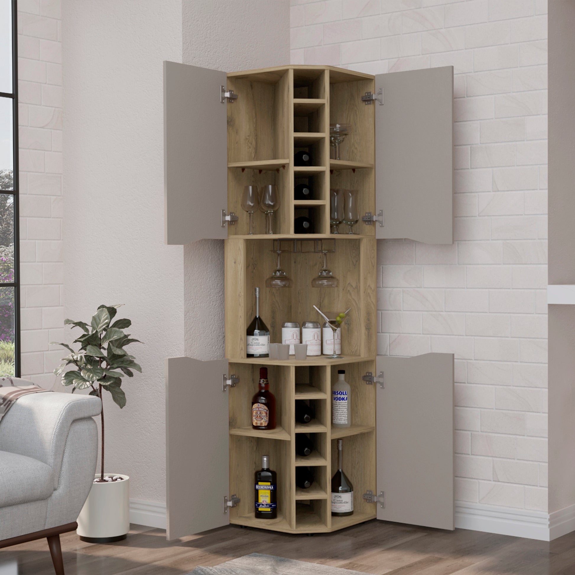 Taupe Particle Board Corner Bar Cabinet - 17.7"W