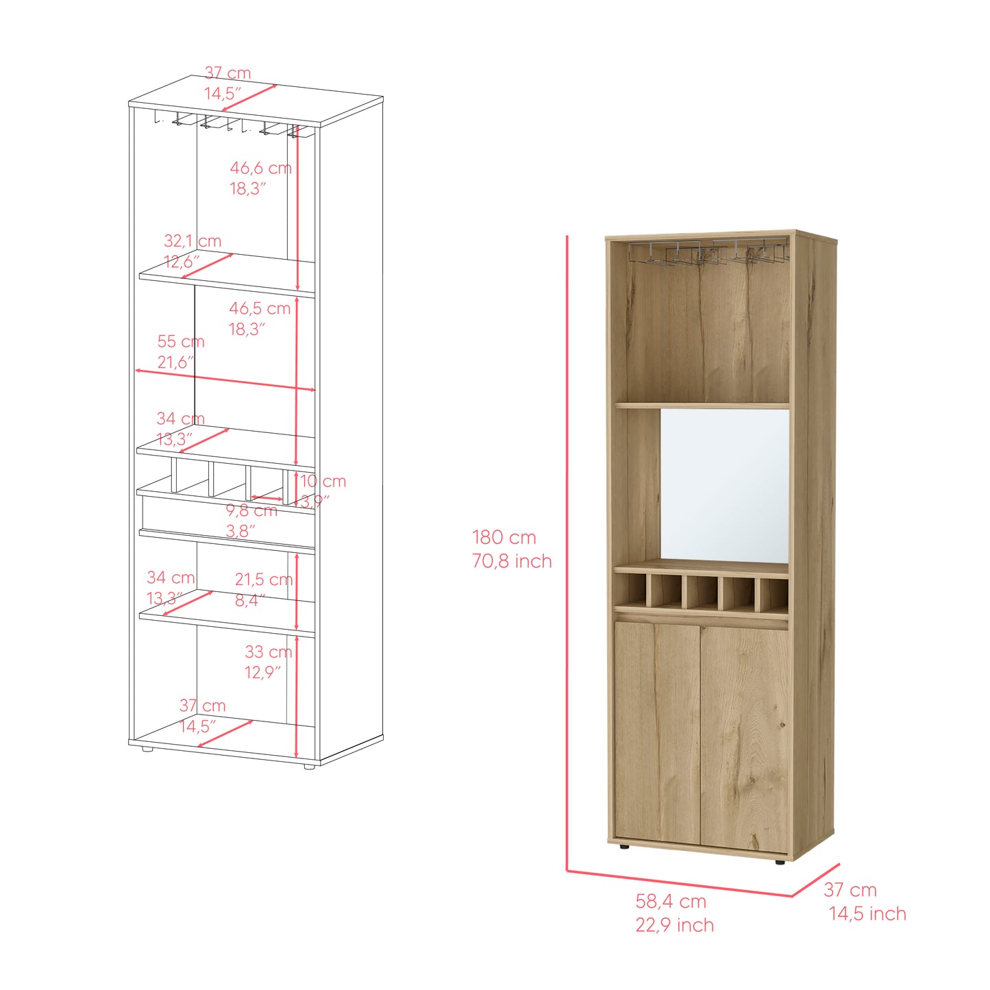 Light Oak Bar Cabinet - 70.8" High with Wine Storage