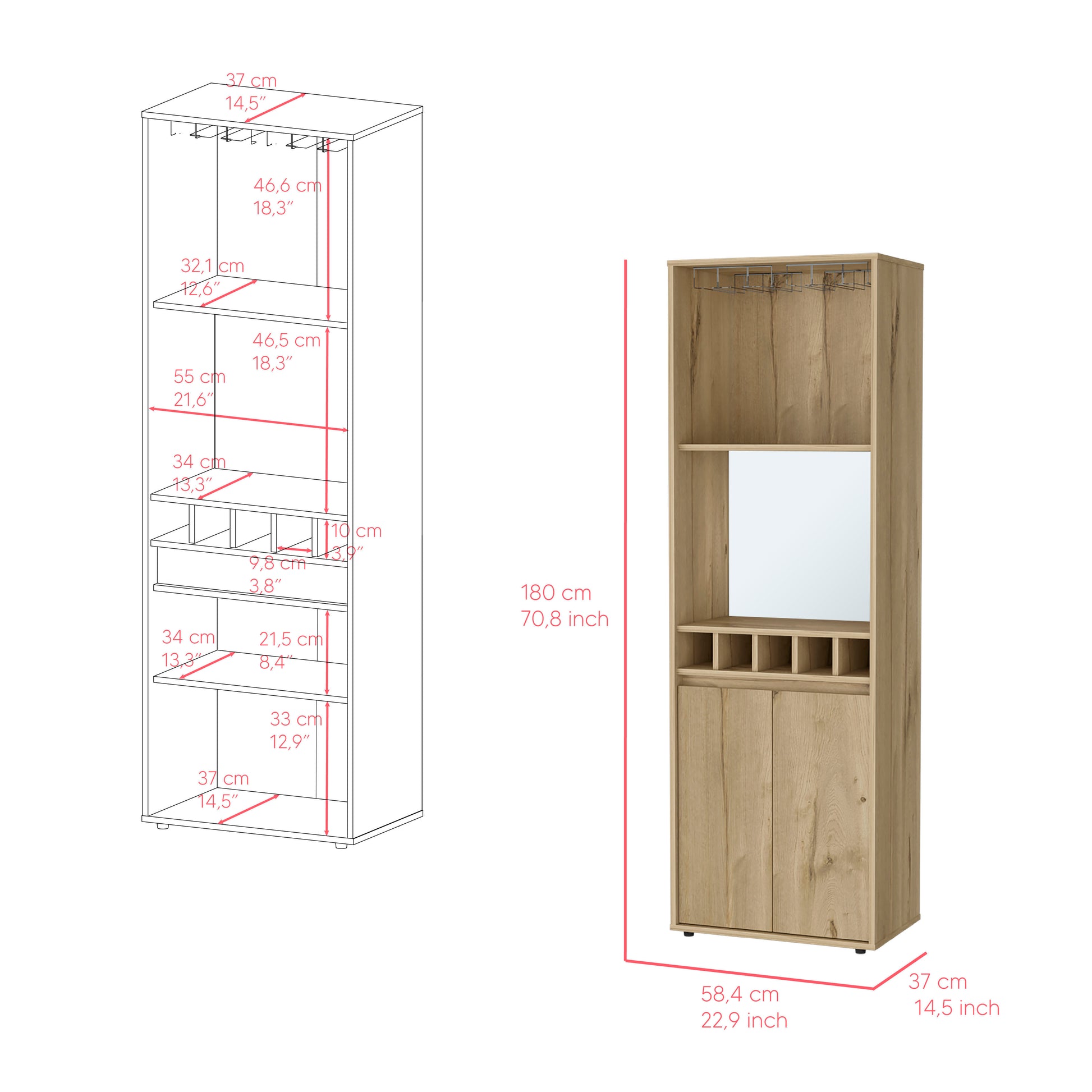 Light Oak Bar Cabinet - 70.8" High with Wine Storage