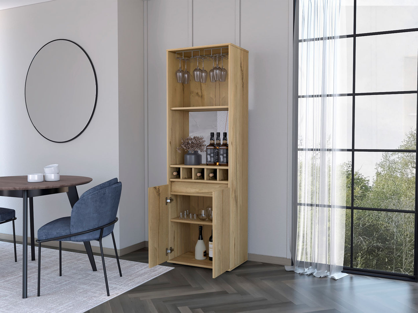 Light Oak Bar Cabinet - 70.8" High with Wine Storage
