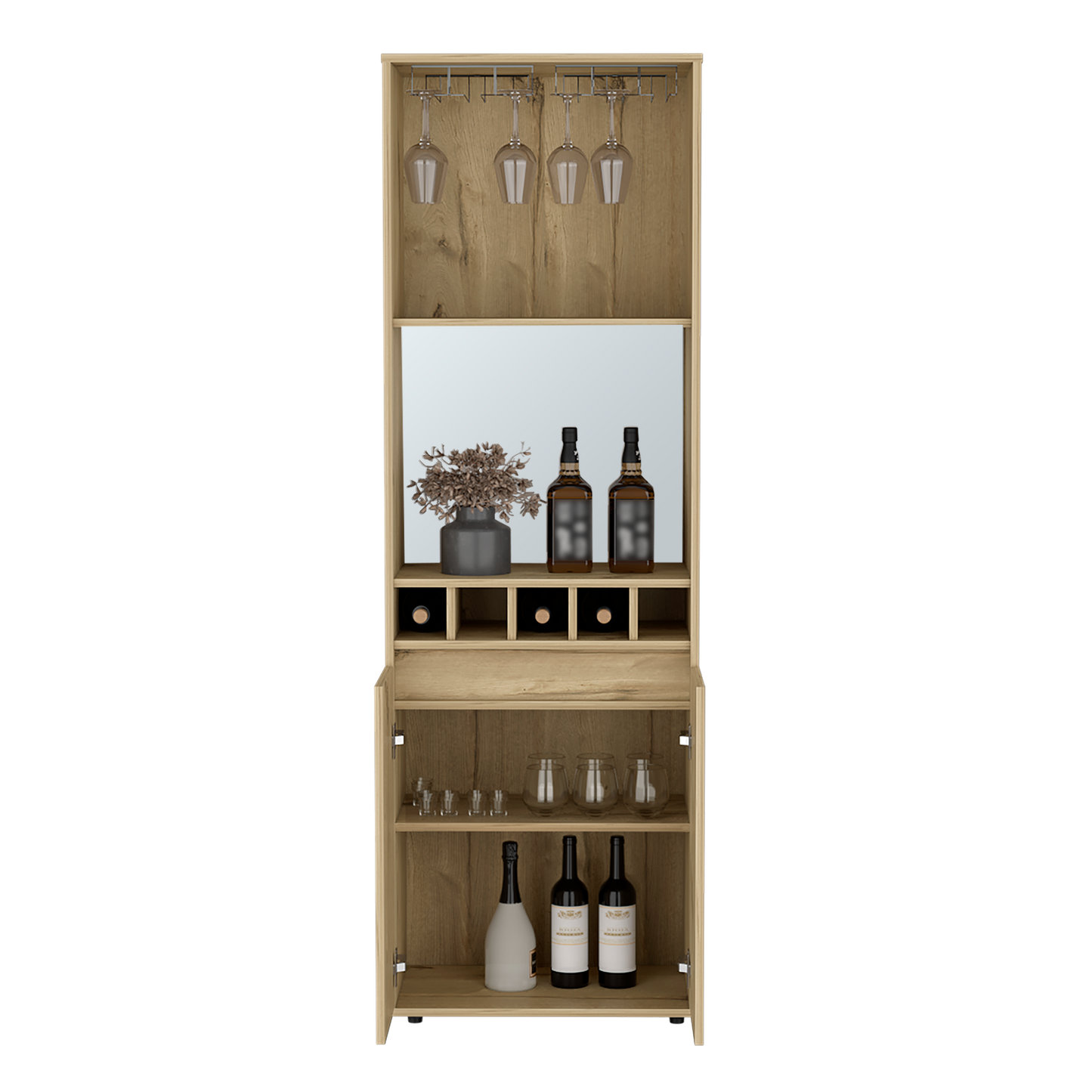 Light Oak Bar Cabinet - 70.8" High with Wine Storage