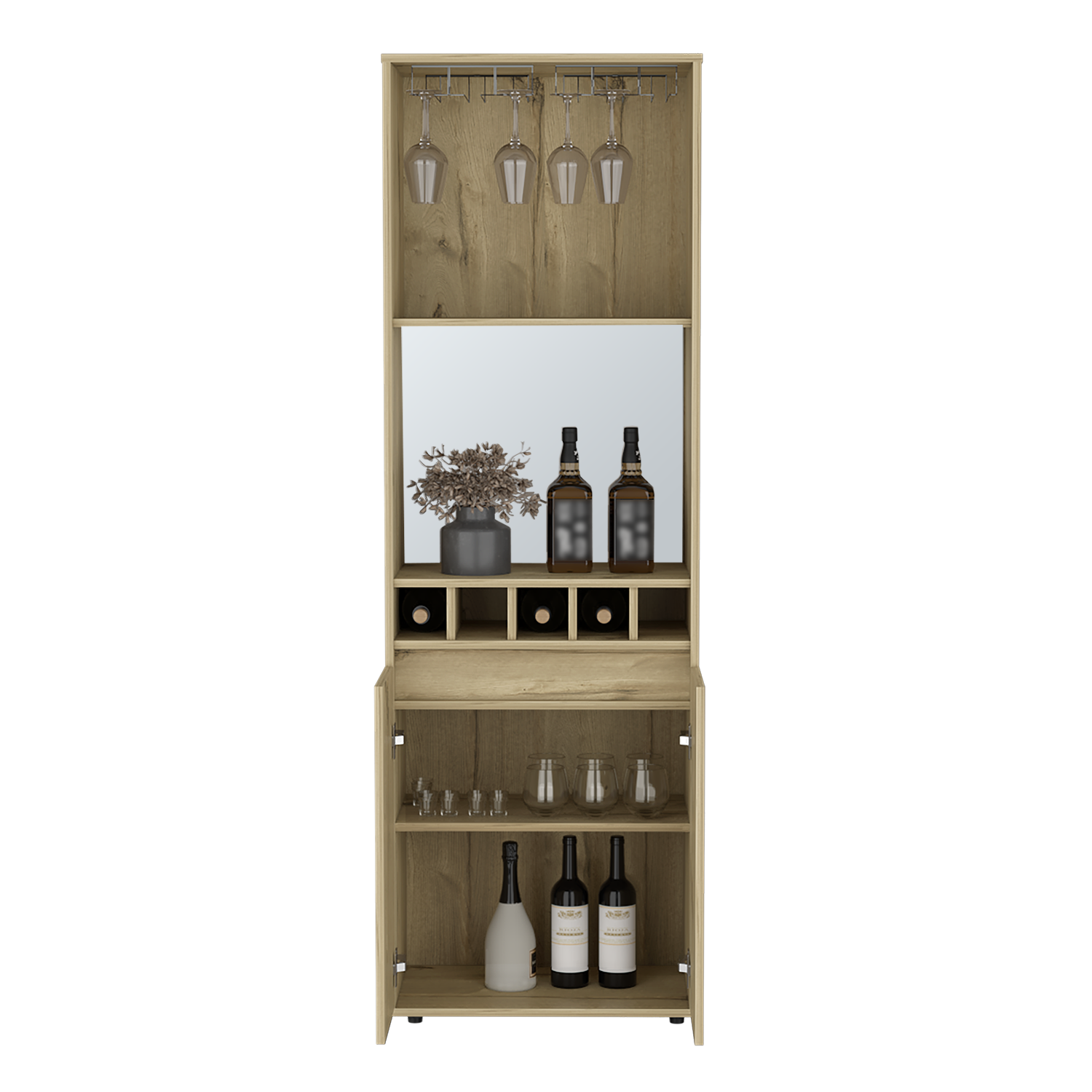 Light Oak Bar Cabinet - 70.8" High with Wine Storage