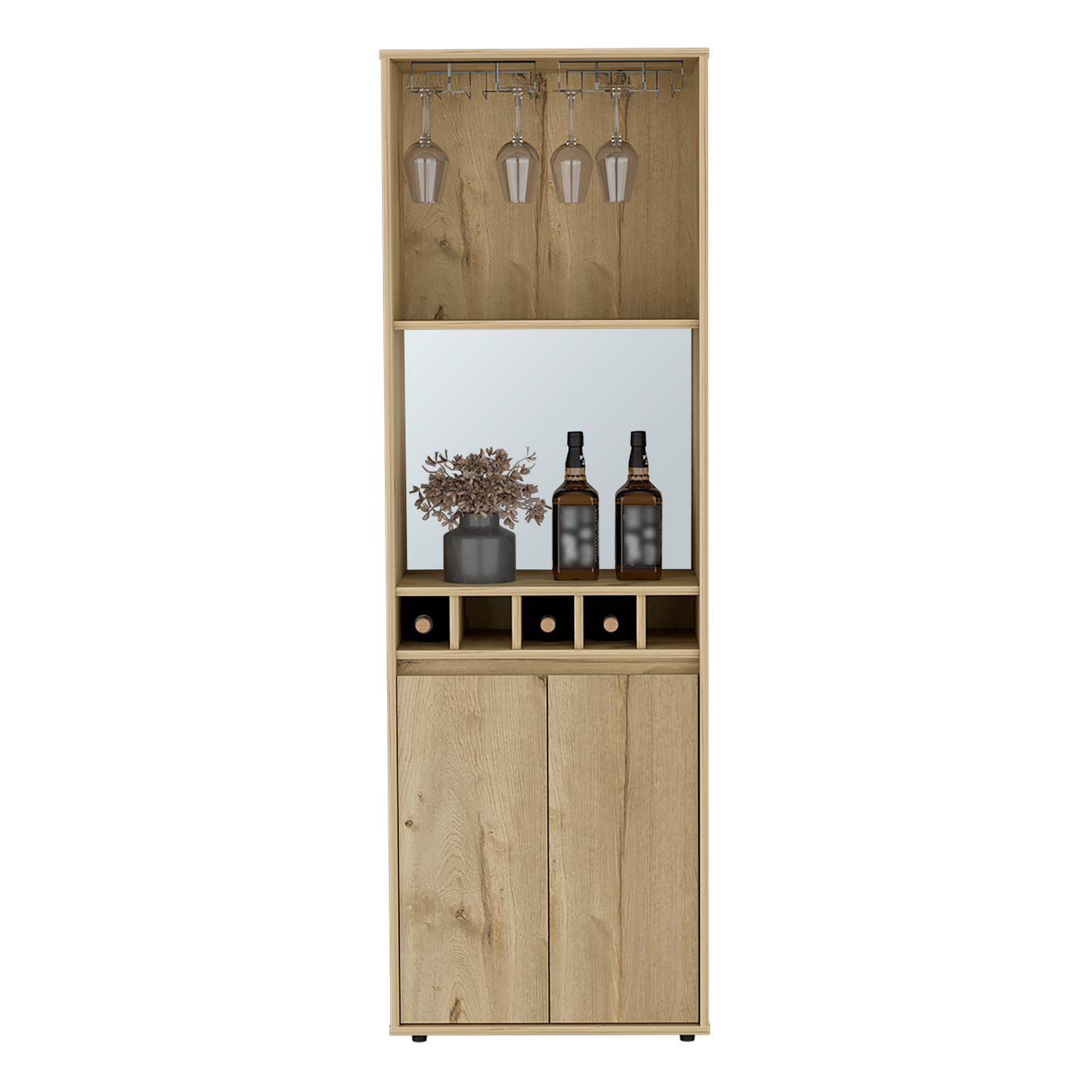 Light Oak Bar Cabinet - 70.8" High with Wine Storage