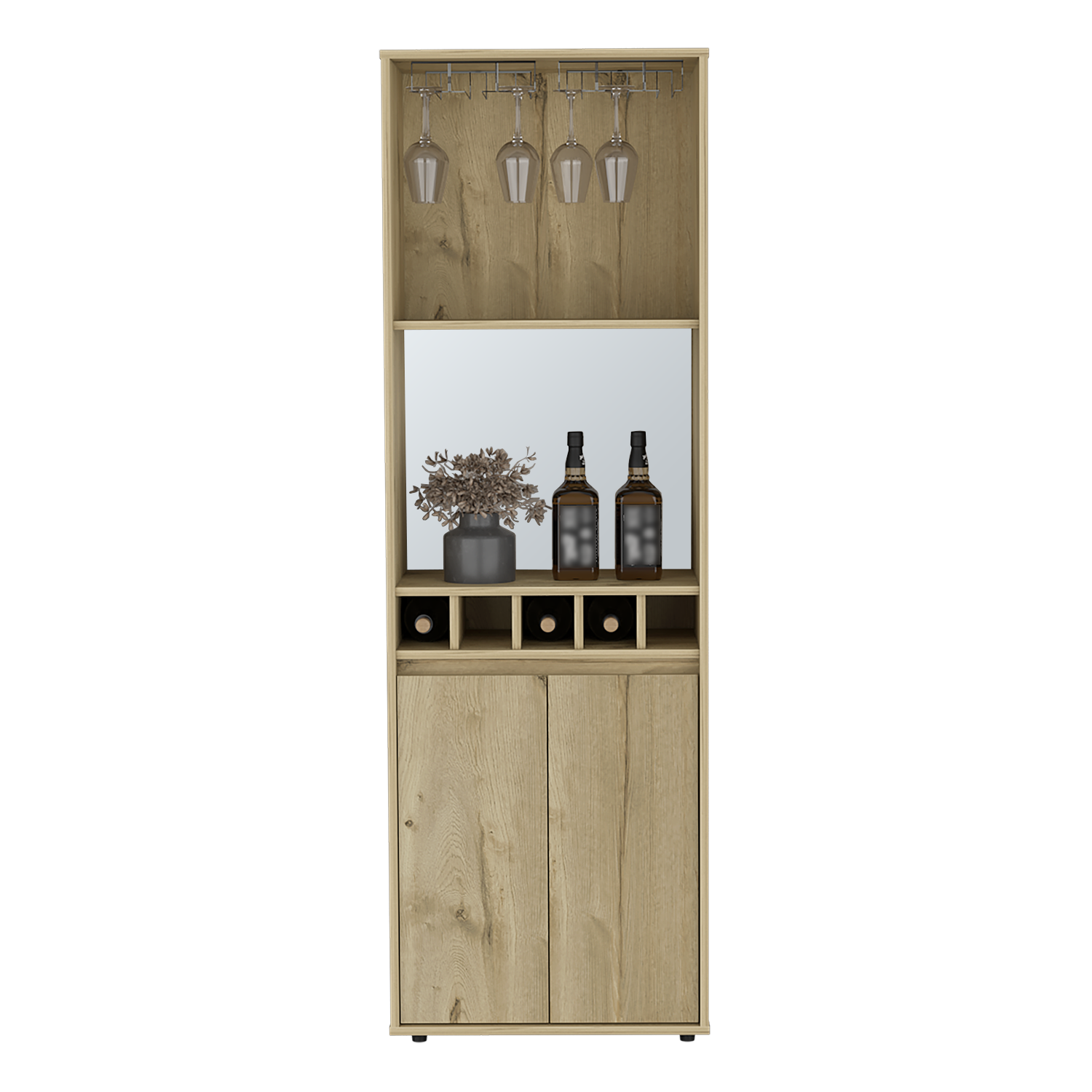 Light Oak Bar Cabinet - 70.8" High with Wine Storage