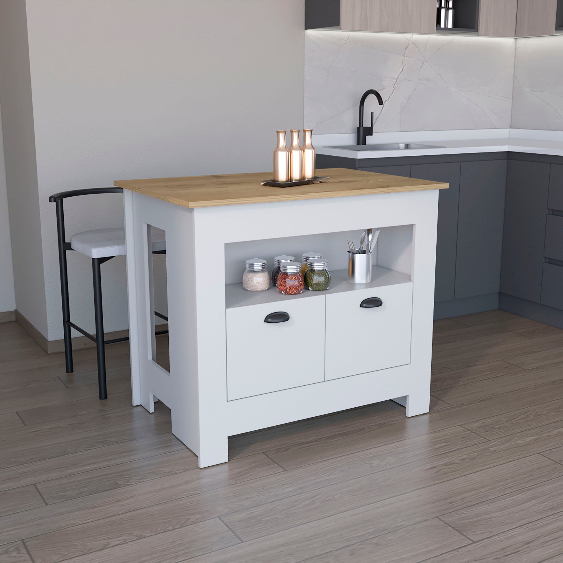 Floyd Kitchen Island 35" H , whit  2 doors, 3 shelves, White/Macadamia