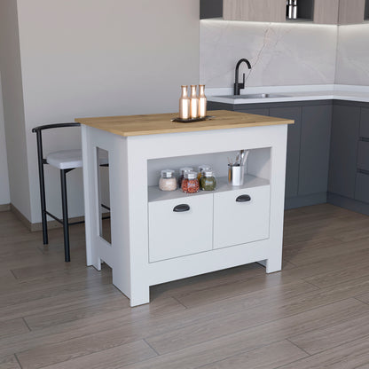 Floyd Kitchen Island 35" H , whit  2 doors, 3 shelves, White/Macadamia