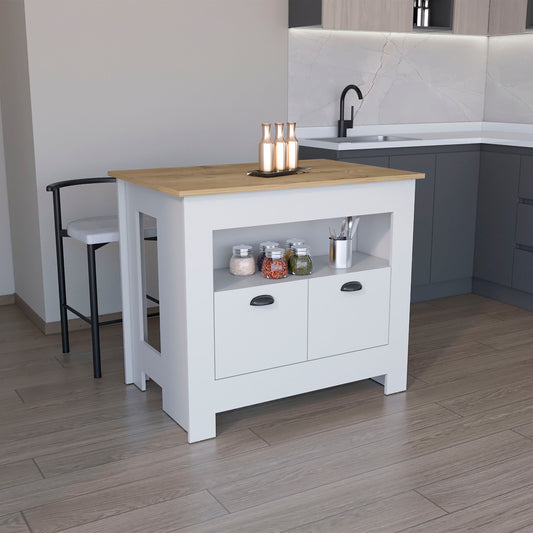 Floyd Kitchen Island 35" H , whit  2 doors, 3 shelves, White/Macadamia