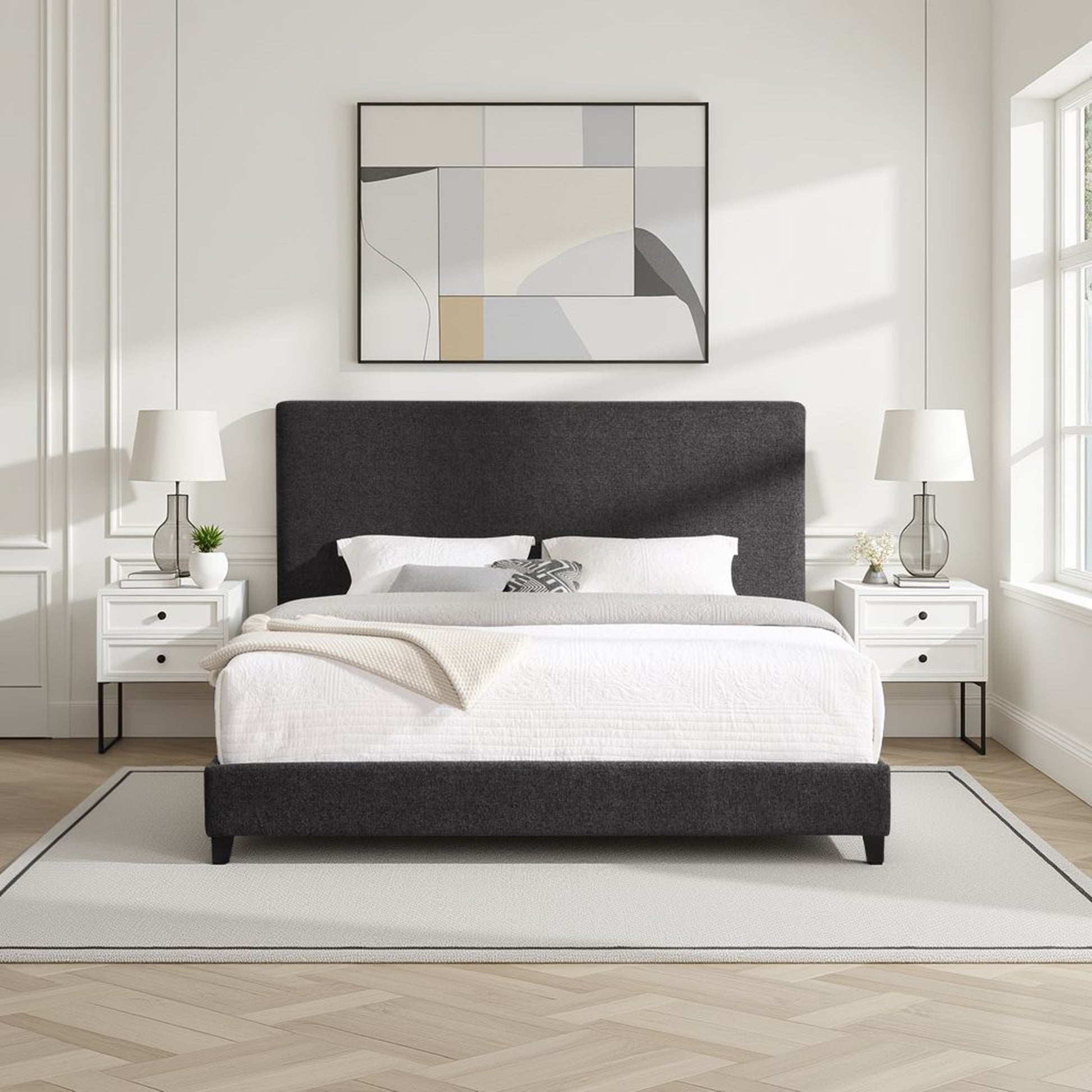 King Size Charcoal Grey Upholstered Platform Bed