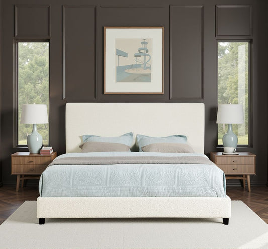 King Size White Boucle Upholstered Platform Bed