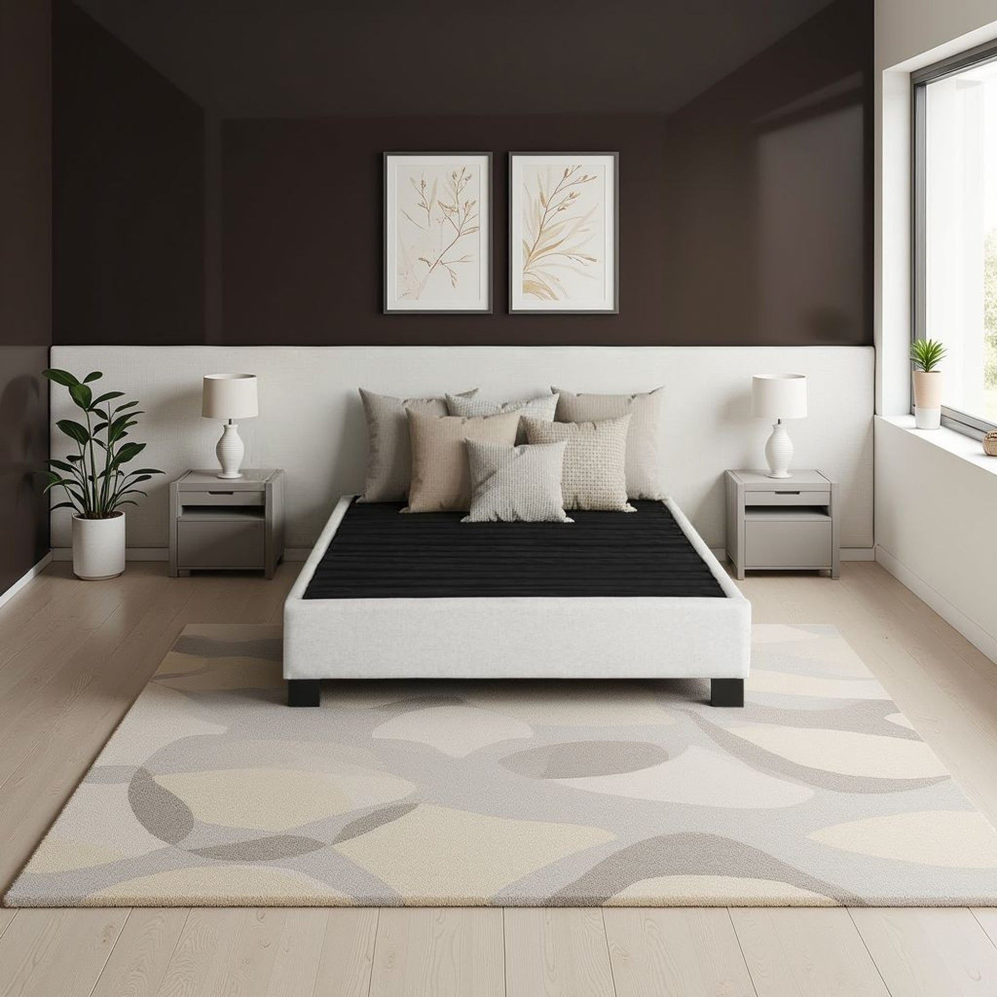 King Size Upholstered Bed Platform Base Oatmeal for Bedroom