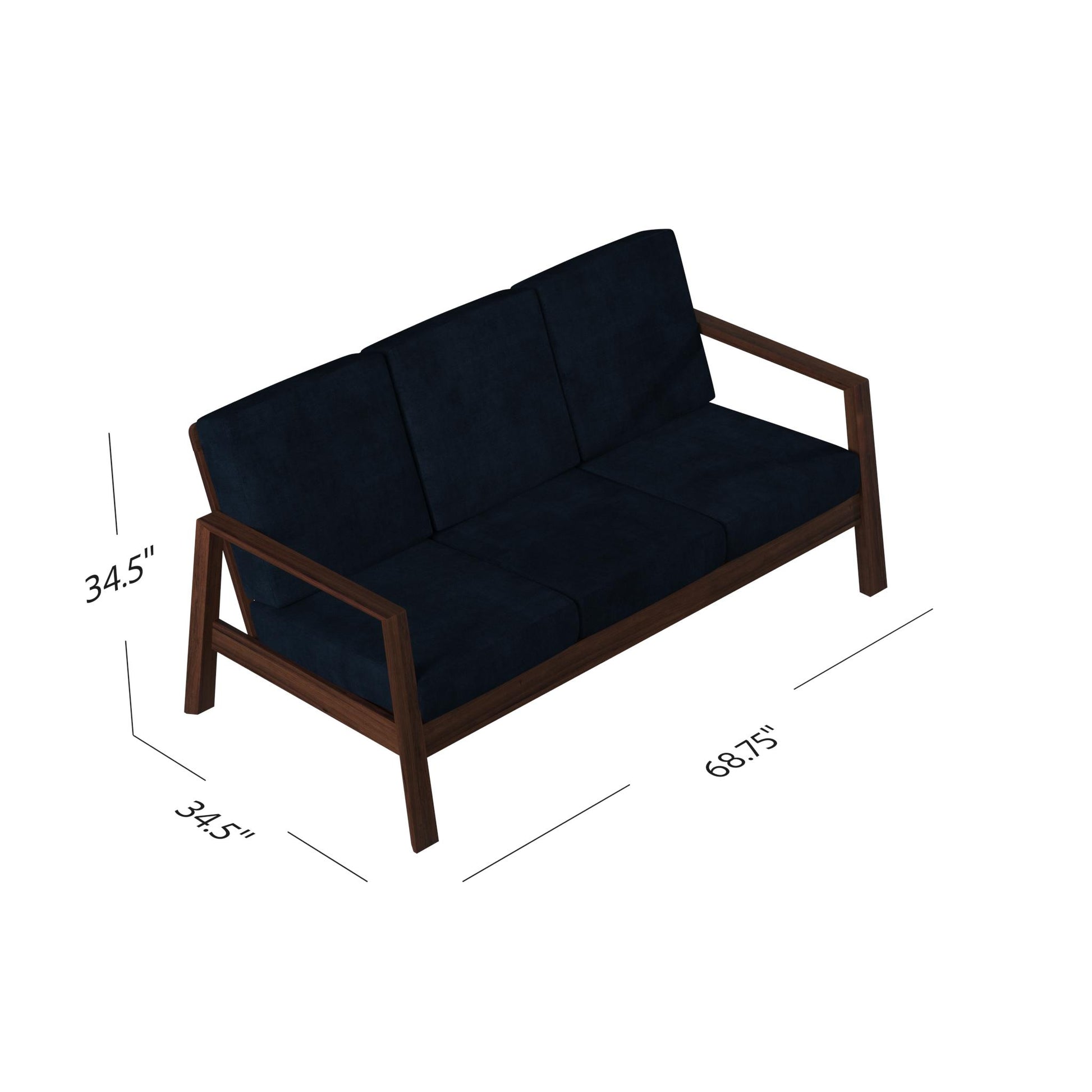 Mid-Century Velvet Sofa in Navy and Brown Wood Frame for Living Room