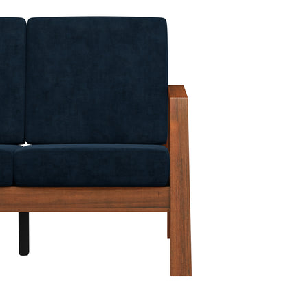 Mid-Century Velvet Sofa in Navy and Brown Wood Frame for Living Room