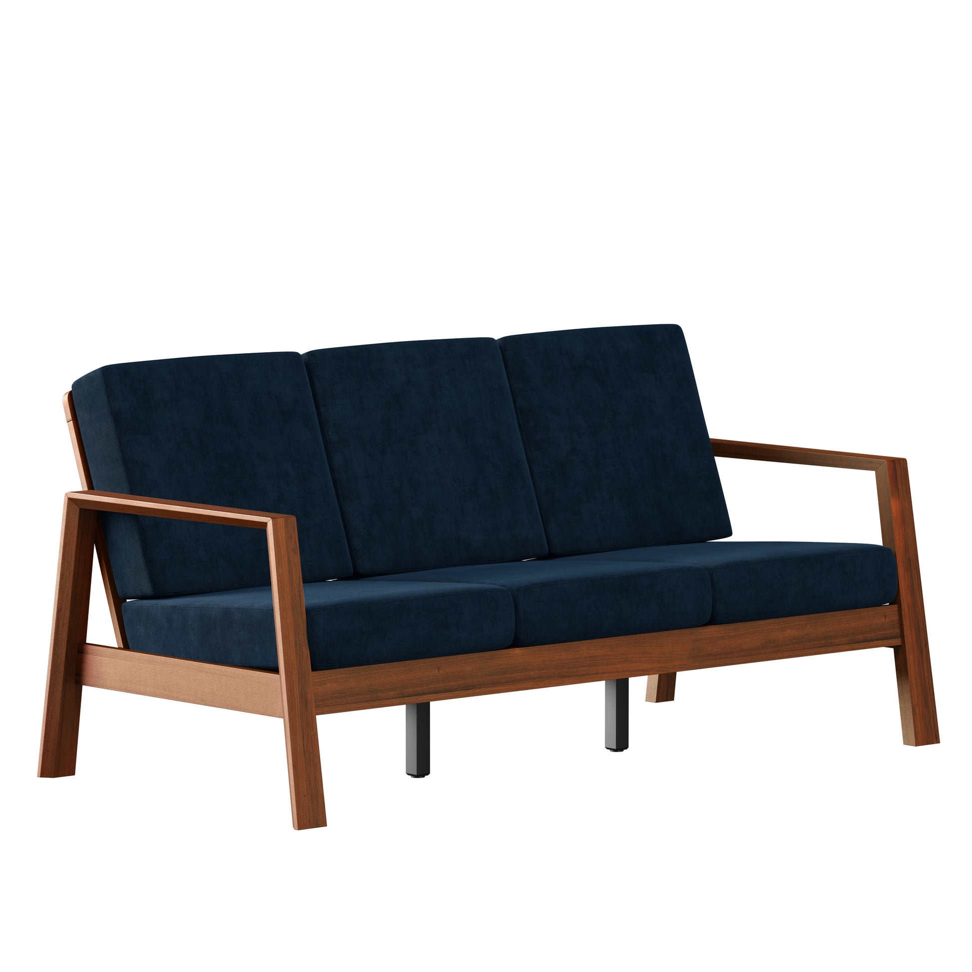 Mid-Century Velvet Sofa in Navy and Brown Wood Frame for Living Room