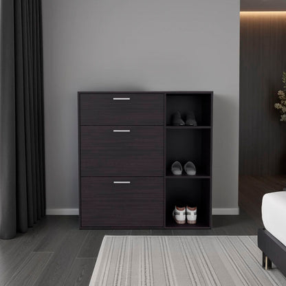 Sierra Shoe Storage Cabinet, 2 Tilt-Out Drawers, 1 Top Drawer, 3 Open Side Shelves, Vertical Design, Entryway or Bedroom Use, Wenge