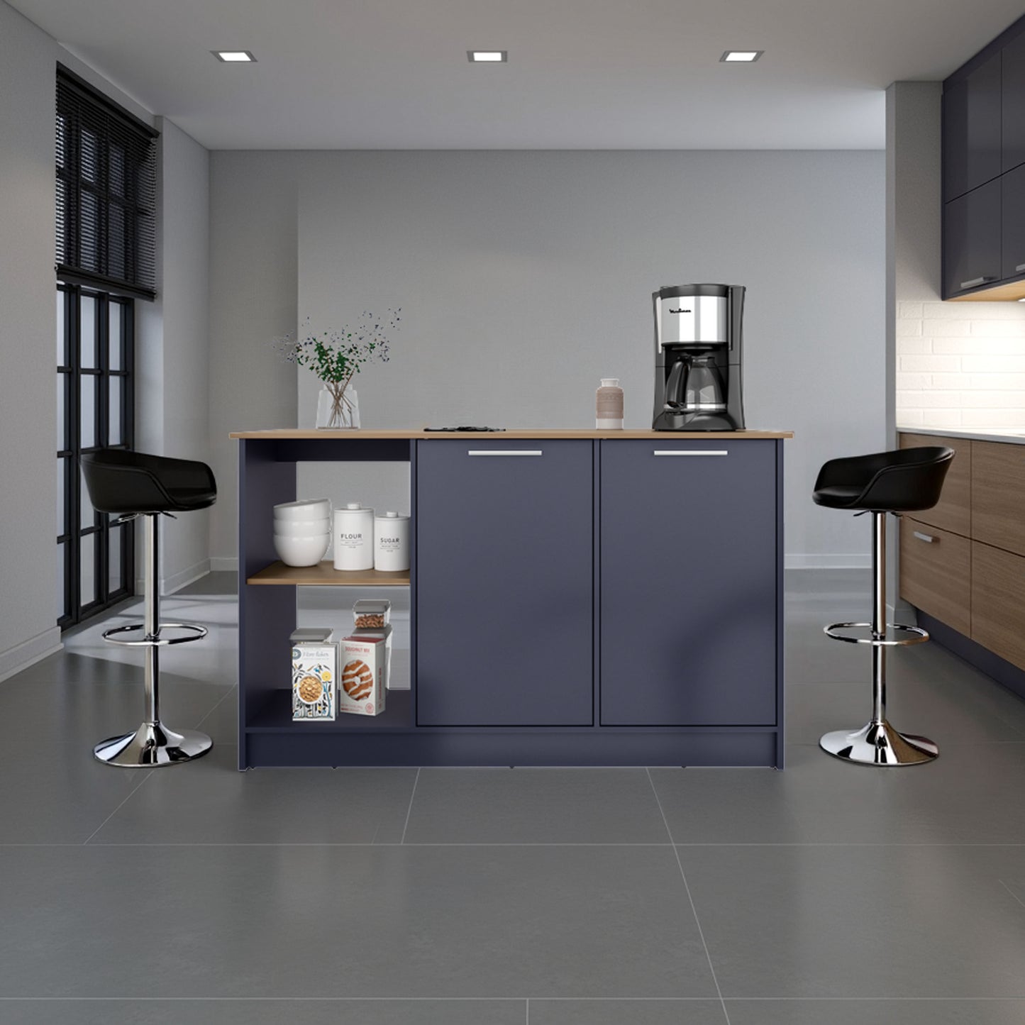 Demon Kitchen Island with Storage Cabinet and Open Shelves