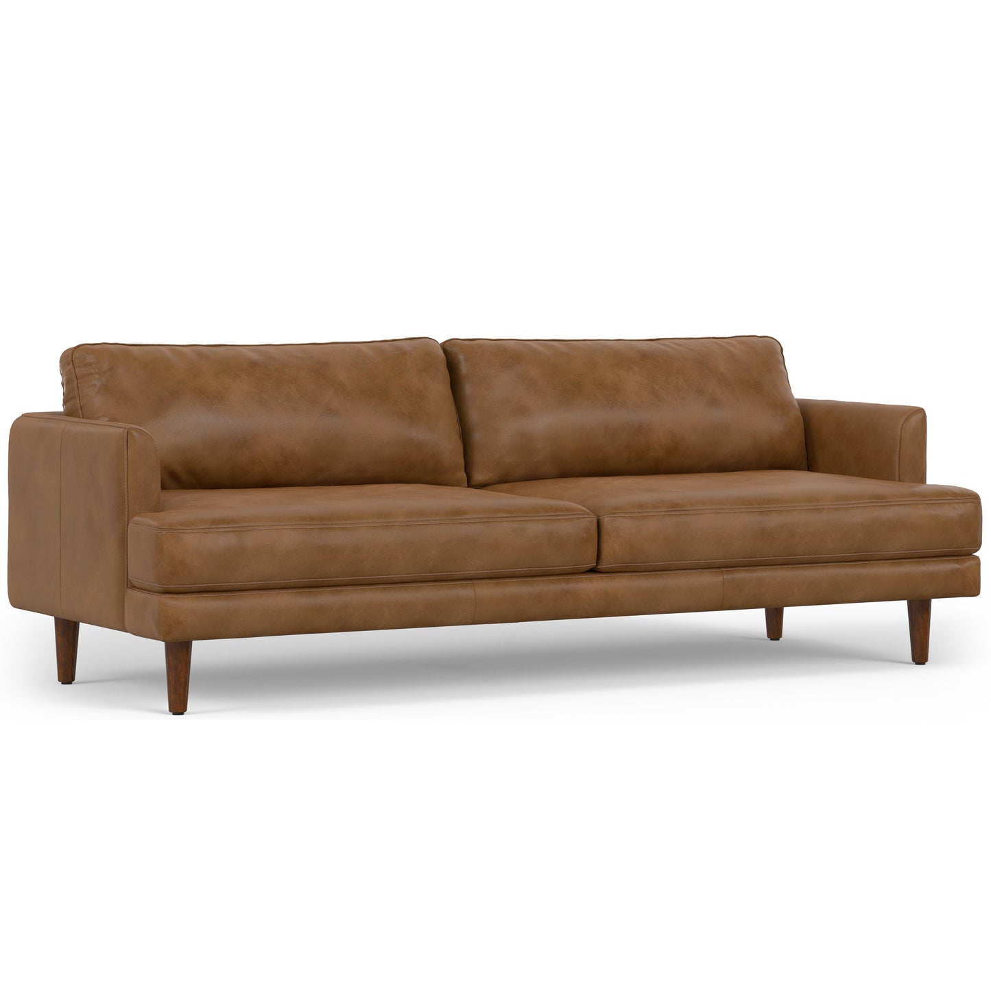90" Caramel Brown Leather Sofa - Oversized Mid-Century Modern