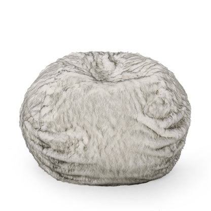 White Gray Faux Fur Bean Bag Chair - 52" Round for Living Room