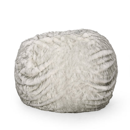 Negar 5 Foot Rounded Short Faux Fur Bean Bag, White and Gray