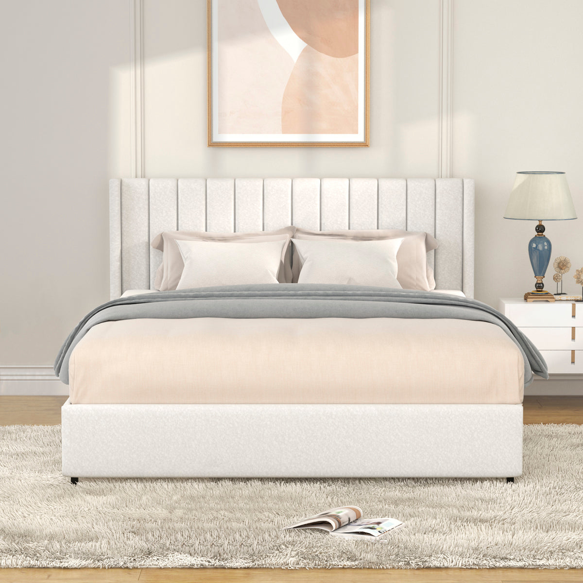Queen Ivory Boucle Storage Bed - No Box Spring Needed