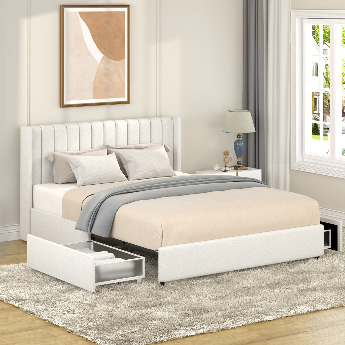Queen Ivory Boucle Storage Bed - No Box Spring Needed