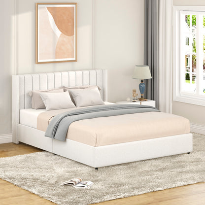Queen Ivory Boucle Storage Bed - No Box Spring Needed
