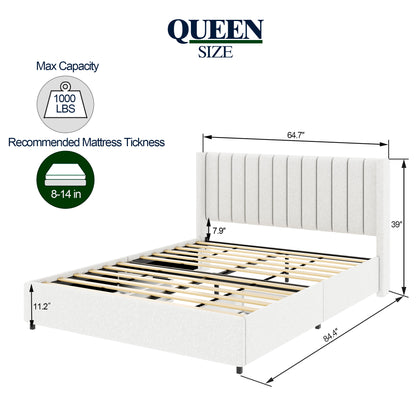 Queen Ivory Boucle Storage Bed - No Box Spring Needed