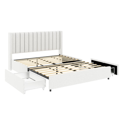 Queen Ivory Boucle Storage Bed - No Box Spring Needed