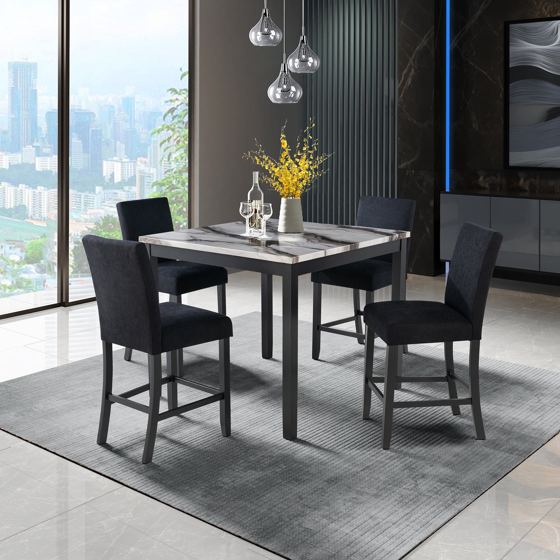 LEONCIA  BAR TABLE AND 4 BAR STOOLS