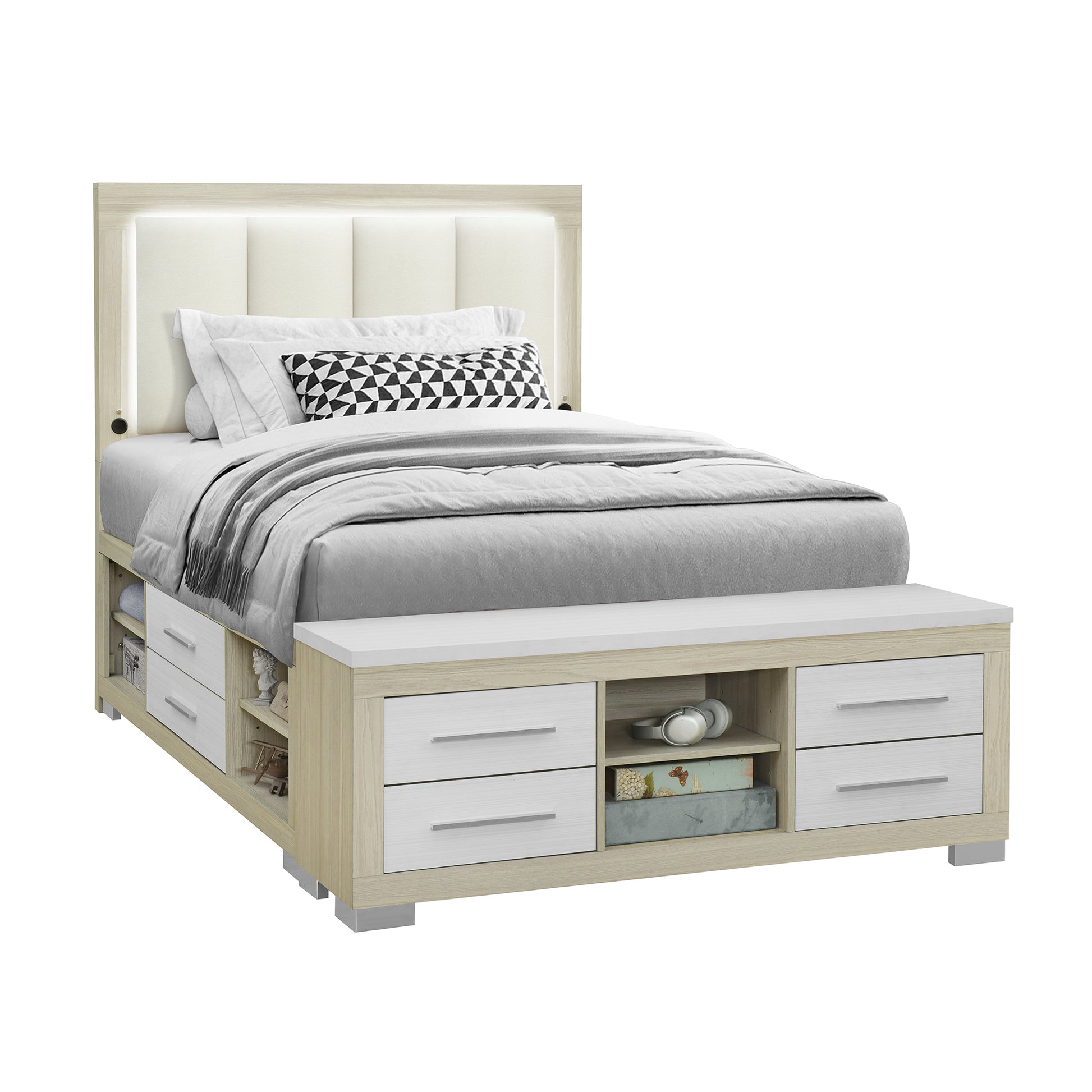 Elsa Natural and White Storage and LED Queen Bed