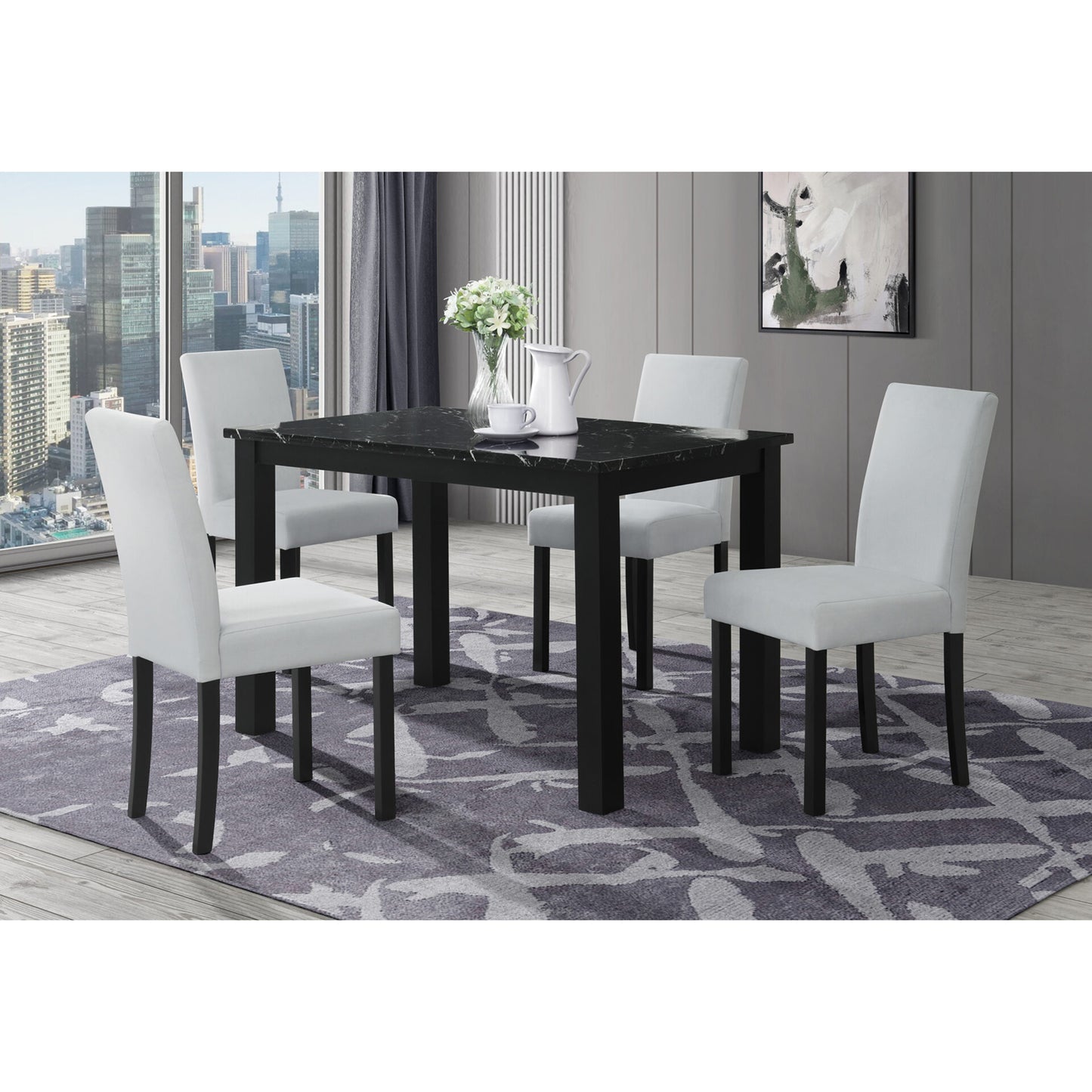 Sarang Black Dining Table and (4) Silver Dining Chairs