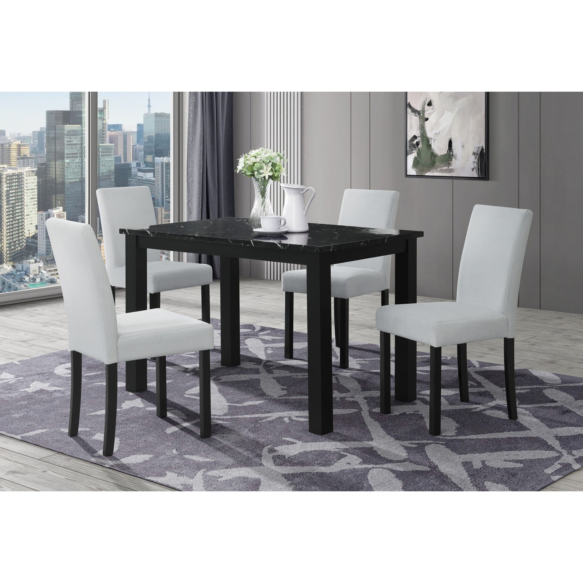Sarang Black Dining Table and (4) Silver Dining Chairs