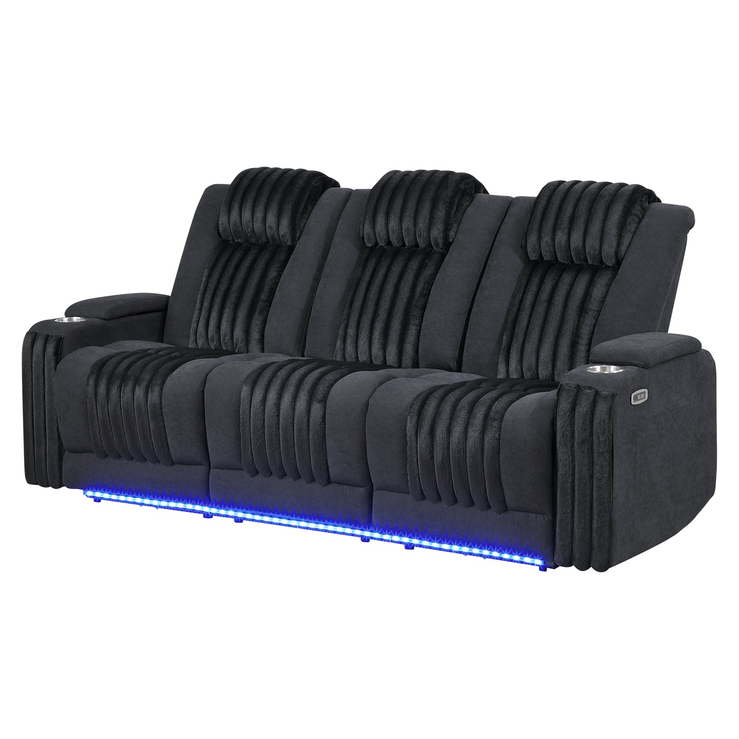 Living Room Black Power Reclining Sofa with Headrest, LED Light, and Drop Down Table