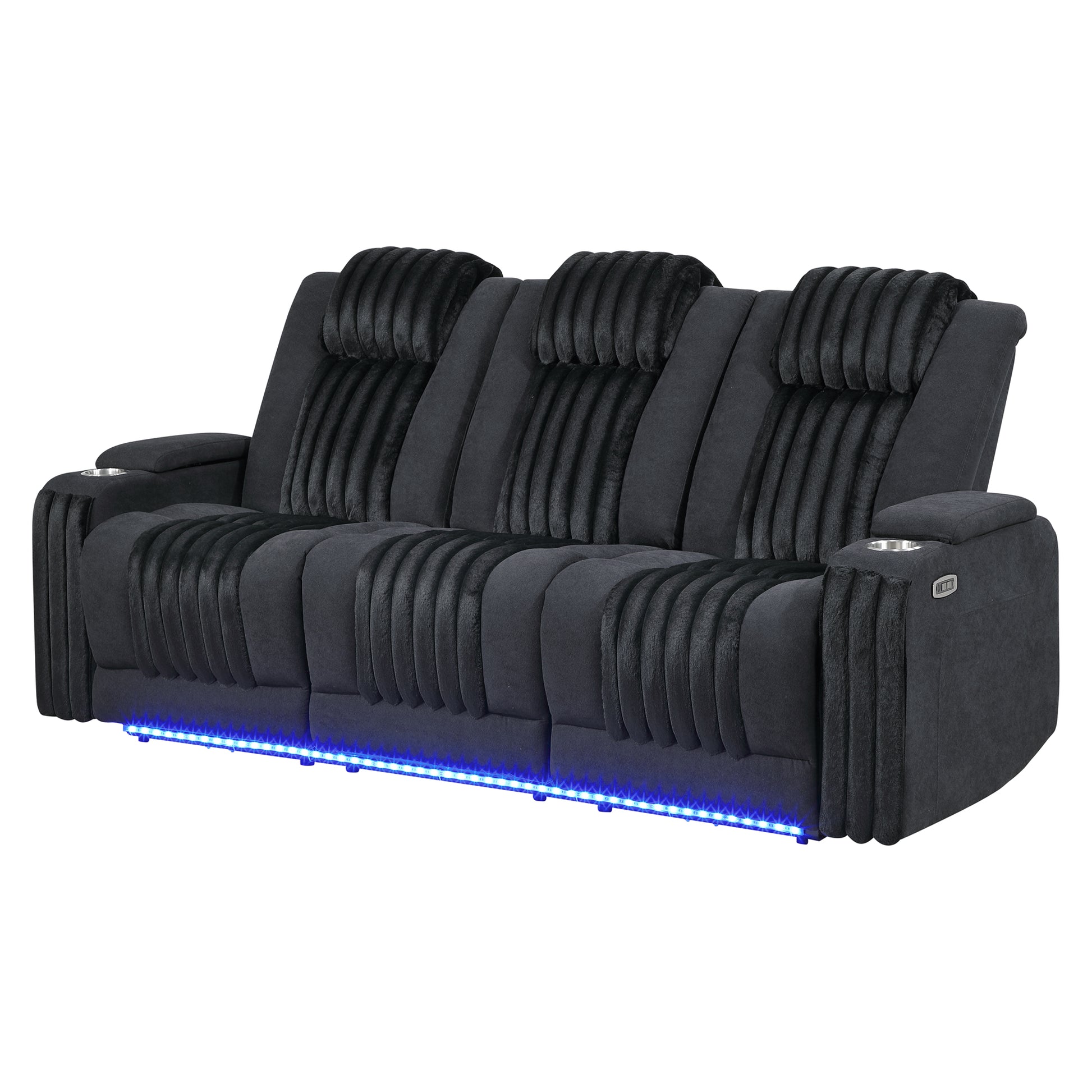 Living Room Black Power Reclining Sofa with Headrest, LED Light, and Drop Down Table