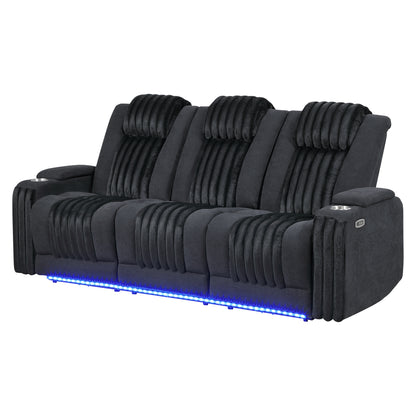 Living Room Black Power Reclining Sofa with Headrest, LED Light, and Drop Down Table