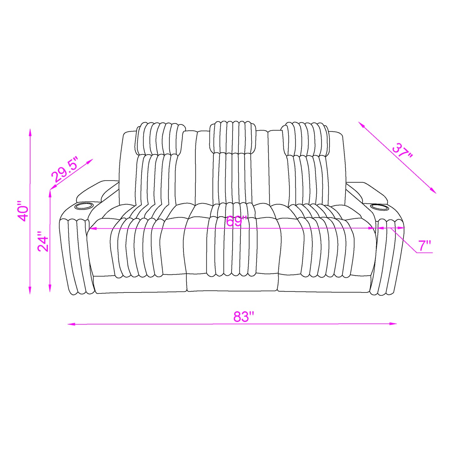 Living Room Black Power Reclining Sofa with Headrest, LED Light, and Drop Down Table