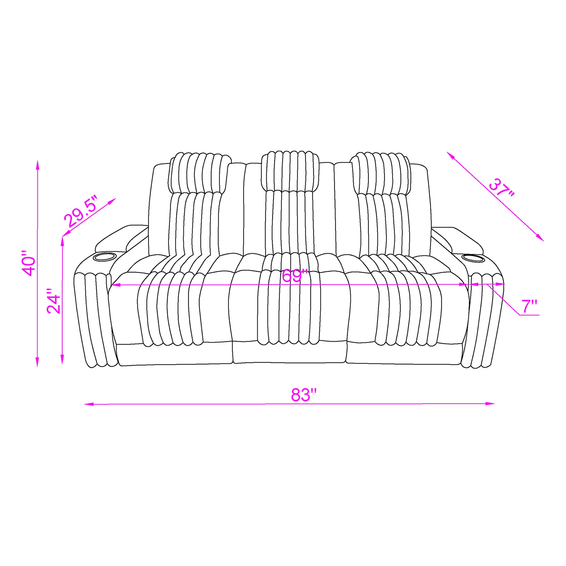 Living Room Black Power Reclining Sofa with Headrest, LED Light, and Drop Down Table