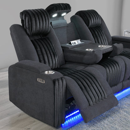 Living Room Black Power Reclining Sofa with Headrest, LED Light, and Drop Down Table