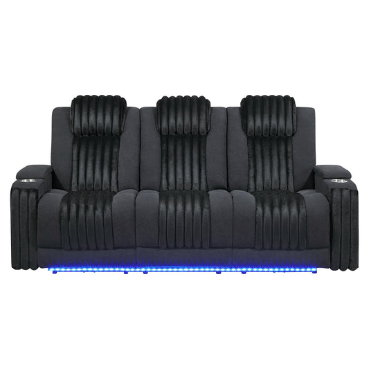 Duran Black Power Reclining Sofa with Power Headrest, LED and Drop Down Table with reading Light