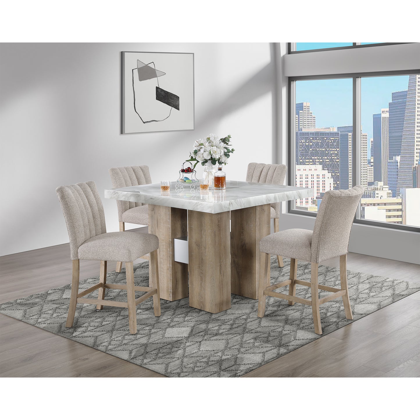 MIKHA NATURAL BAR TABLE AND BEIGE BAR STOOLS